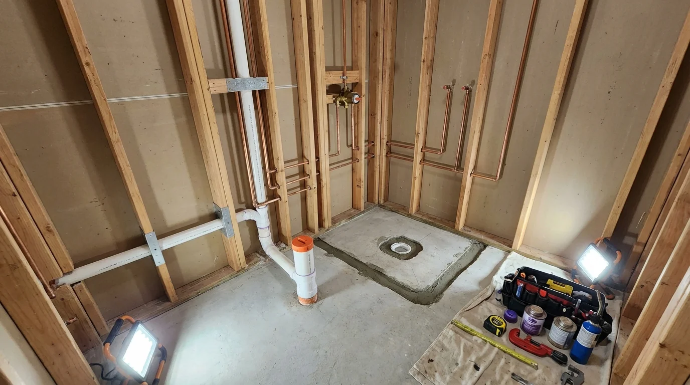 Bathroom rough-in plumbing during remodel by Johns Plumbing LLC in Fulda
