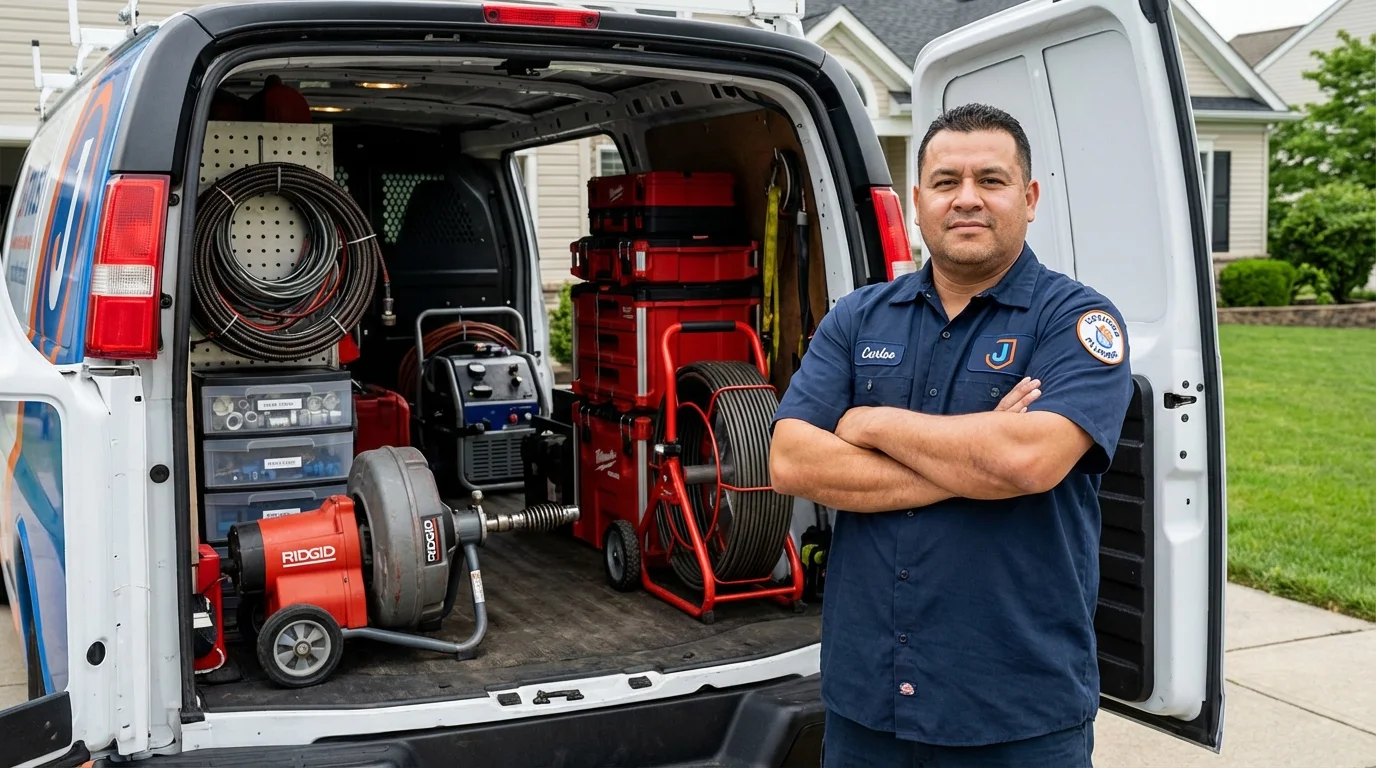 Professional drain cleaning equipment and Johns Plumbing LLC plumber in Fulda