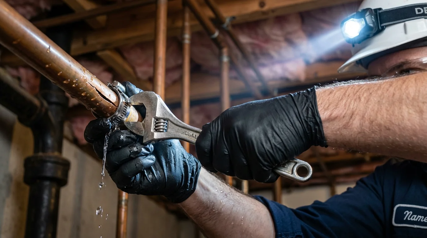 Emergency pipe clamp repair being performed by a Johns Plumbing LLC plumber in Fulda
