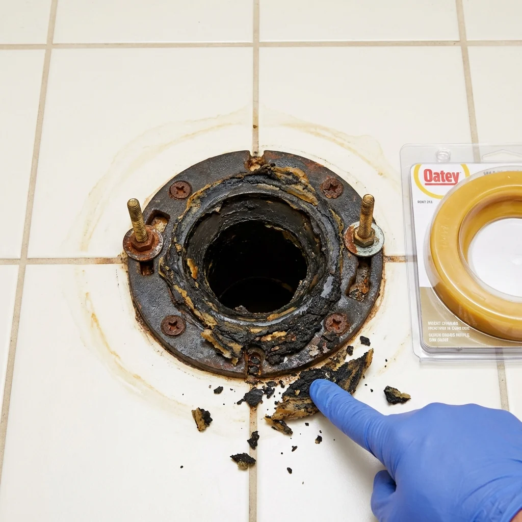 Failed wax ring showing water seepage at the base of a toilet in a Fulda, MN home