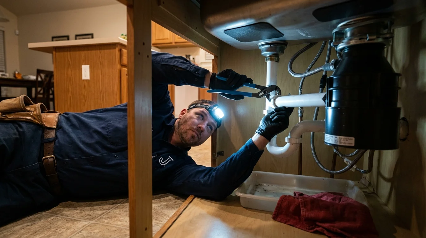 P-trap and supply line connections under a kitchen sink showing a common leak point in Fulda, MN